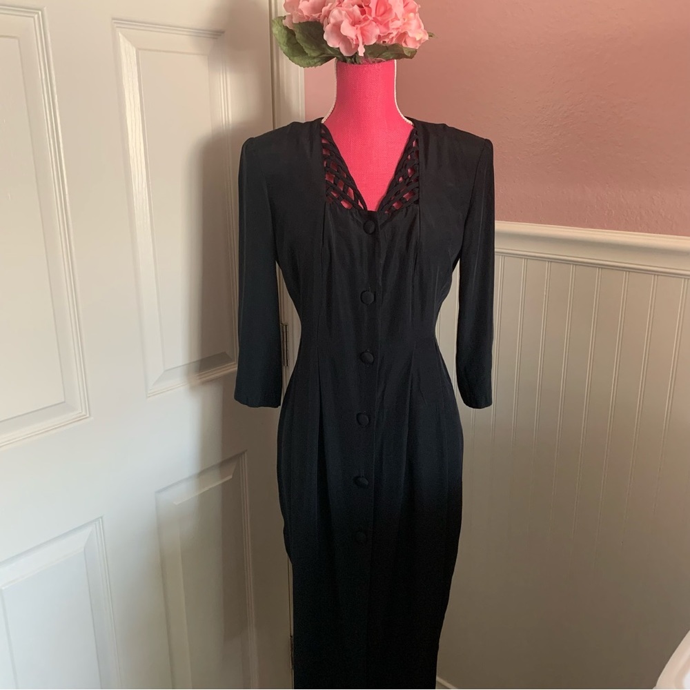 Retro Vintage 80s Black Dress with 3/4 Sleeves, Button Down size 8 Petite